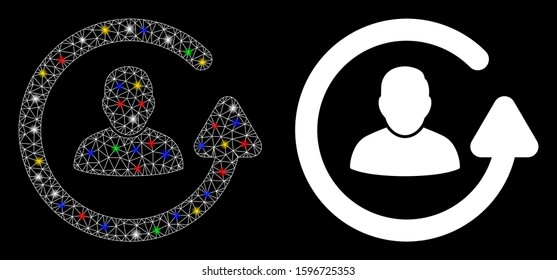 Glowing mesh update user icon with sparkle effect. Abstract illuminated model of update user. Shiny wire carcass triangular mesh update user icon. Vector abstraction on a black background.
