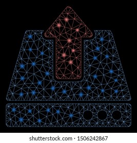 Glowing mesh upload with glitter effect. Abstract illuminated model of upload icon. Shiny wire frame triangular network upload. Vector abstraction on a black background.