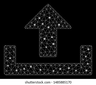 Glowing mesh upload with glow effect. Abstract illuminated model of upload icon. Shiny wire carcass polygonal mesh upload. Vector abstraction on a black background.