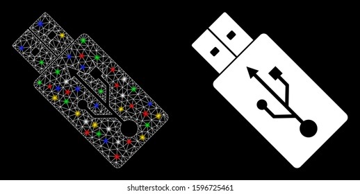 Glowing mesh USB drive icon with glare effect. Abstract illuminated model of USB drive. Shiny wire carcass triangular mesh USB drive icon. Vector abstraction on a black background.