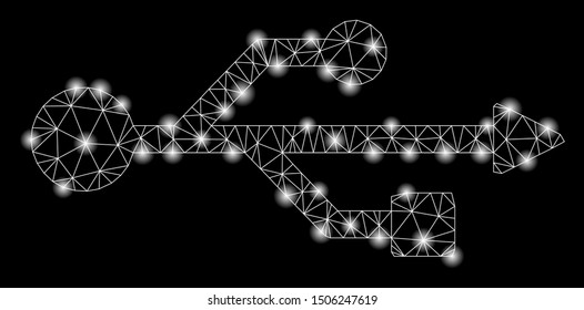 Glowing mesh USB symbol with glow effect. Abstract illuminated model of USB symbol icon. Shiny wire carcass polygonal mesh USB symbol. Vector abstraction on a black background.
