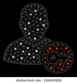Glowing mesh user access key with glow effect. Abstract illuminated model of user access key icon. Shiny wire carcass triangular mesh user access key. Vector abstraction on a black background.