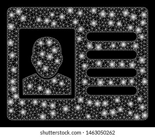 Glowing mesh user account with glow effect. Abstract illuminated model of user account icon. Shiny wire carcass triangular mesh user account. Vector abstraction on a black background.