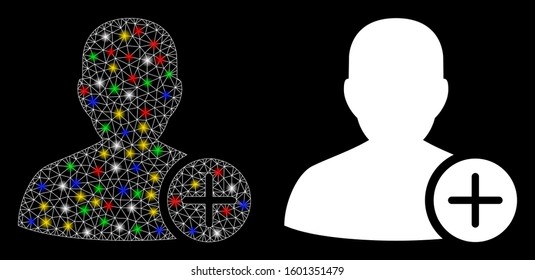 Glowing mesh user add icon with glow effect. Abstract illuminated model of user add. Shiny wire frame triangular mesh user add icon. Vector abstraction on a black background.