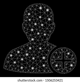 Glowing mesh user add with sparkle effect. Abstract illuminated model of user add icon. Shiny wire carcass polygonal mesh user add. Vector abstraction on a black background.