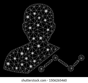 Glowing mesh user analytics with glitter effect. Abstract illuminated model of user analytics icon. Shiny wire frame triangular mesh user analytics. Vector abstraction on a black background.