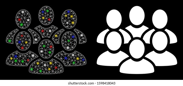 Glowing mesh user crowd icon with glow effect. Abstract illuminated model of user crowd. Shiny wire frame triangular network user crowd icon. Vector abstraction on a black background.