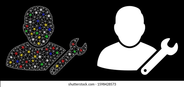 Glowing mesh user customize wrench icon with glow effect. Abstract illuminated model of user customize wrench. Shiny wire frame polygonal mesh user customize wrench icon.