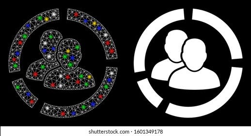 Glowing mesh user diagram icon with glare effect. Abstract illuminated model of user diagram. Shiny wire frame polygonal mesh user diagram icon. Vector abstraction on a black background.