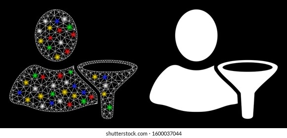 Glowing mesh user filter icon with glare effect. Abstract illuminated model of user filter. Shiny wire carcass triangular network user filter icon. Vector abstraction on a black background.