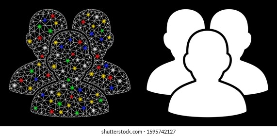 Glowing mesh user group icon with lightspot effect. Abstract illuminated model of user group. Shiny wire carcass triangular mesh user group icon. Vector abstraction on a black background.