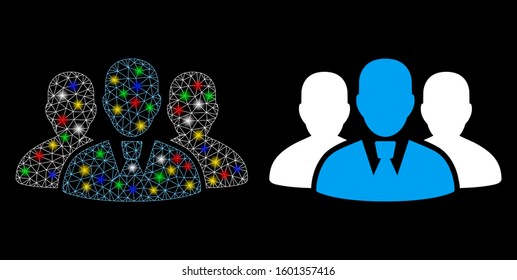 Glowing mesh user group icon with glitter effect. Abstract illuminated model of user group. Shiny wire frame triangular mesh user group icon. Vector abstraction on a black background.