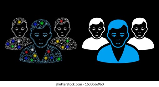 Glowing mesh user group icon with lightspot effect. Abstract illuminated model of user group. Shiny wire frame triangular mesh user group icon. Vector abstraction on a black background.