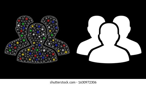 Glowing mesh user group icon with lightspot effect. Abstract illuminated model of user group. Shiny wire carcass triangular mesh user group icon. Vector abstraction on a black background.