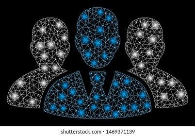 Glowing mesh user group with sparkle effect. Abstract illuminated model of user group icon. Shiny wire carcass triangular mesh user group. Vector abstraction on a black background.