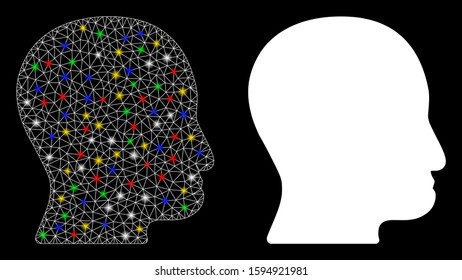 Glowing mesh user head icon with glare effect. Abstract illuminated model of user head. Shiny wire carcass triangular mesh user head icon. Vector abstraction on a black background.