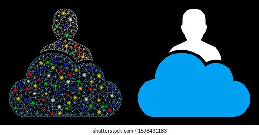 Glowing mesh user icon with glare effect. Abstract illuminated model of user. Shiny wire frame polygonal mesh user icon. Vector abstraction on a black background.