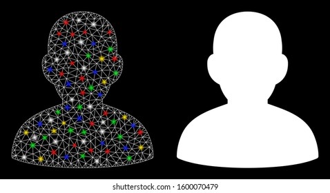 Glowing mesh user icon with glare effect. Abstract illuminated model of user. Shiny wire carcass triangular network user icon. Vector abstraction on a black background.