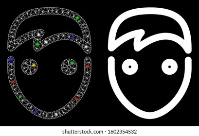 Glowing mesh user icon with sparkle effect. Abstract illuminated model of user. Shiny wire frame triangular mesh user icon. Vector abstraction on a black background.