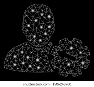 Glowing mesh user integration gear with glare effect. Abstract illuminated model of user integration gear icon. Shiny wire carcass polygonal network user integration gear.