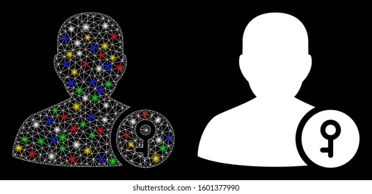 Glowing mesh user key icon with lightspot effect. Abstract illuminated model of user key. Shiny wire frame polygonal mesh user key icon. Vector abstraction on a black background.