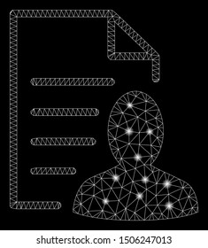 Glowing mesh user list page with glitter effect. Abstract illuminated model of user list page icon. Shiny wire frame polygonal mesh user list page. Vector abstraction on a black background.