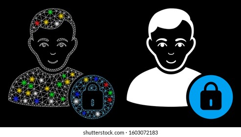 Glowing mesh user lock icon with sparkle effect. Abstract illuminated model of user lock. Shiny wire carcass triangular mesh user lock icon. Vector abstraction on a black background.