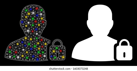 Glowing mesh user lock icon with sparkle effect. Abstract illuminated model of user lock. Shiny wire frame triangular mesh user lock icon. Vector abstraction on a black background.