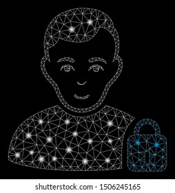 Glowing mesh user locked with glitter effect. Abstract illuminated model of user locked icon. Shiny wire carcass triangular mesh user locked. Vector abstraction on a black background.