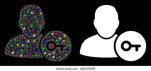 Glowing mesh user login icon with glare effect. Abstract illuminated model of user login. Shiny wire carcass triangular mesh user login icon. Vector abstraction on a black background.