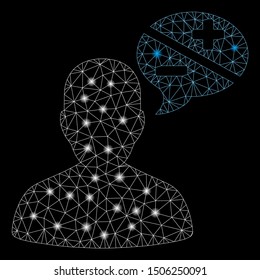 Glowing mesh user opinion with glitter effect. Abstract illuminated model of user opinion icon. Shiny wire frame polygonal mesh user opinion. Vector abstraction on a black background.