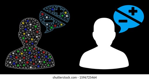Glowing mesh user opinion icon with glitter effect. Abstract illuminated model of user opinion. Shiny wire carcass polygonal mesh user opinion icon. Vector abstraction on a black background.