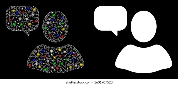 Glowing mesh user opinion icon with glitter effect. Abstract illuminated model of user opinion. Shiny wire carcass polygonal network user opinion icon. Vector abstraction on a black background.