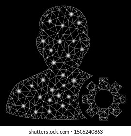 Glowing mesh user options with glow effect. Abstract illuminated model of user options icon. Shiny wire frame polygonal mesh user options. Vector abstraction on a black background.