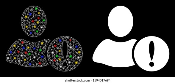 Glowing mesh user problem icon with glitter effect. Abstract illuminated model of user problem. Shiny wire carcass triangular mesh user problem icon. Vector abstraction on a black background.