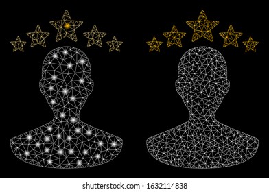 Glowing mesh user rating with glare effect. Abstract illuminated model of user rating icon. Shiny wire frame triangular mesh user rating icon. Vector abstraction on a black background.