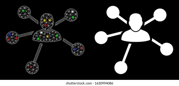 Glowing mesh user relations icon with glitter effect. Abstract illuminated model of user relations. Shiny wire carcass polygonal network user relations icon. Vector abstraction on a black background.