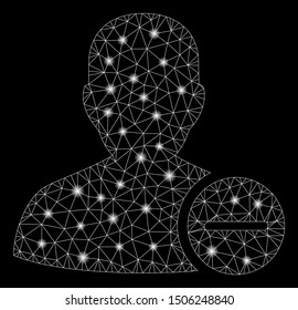 Glowing mesh user remove with glare effect. Abstract illuminated model of user remove icon. Shiny wire frame polygonal network user remove. Vector abstraction on a black background.