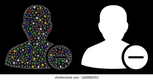 Glowing mesh user remove icon with lightspot effect. Abstract illuminated model of user remove. Shiny wire carcass triangular mesh user remove icon. Vector abstraction on a black background.