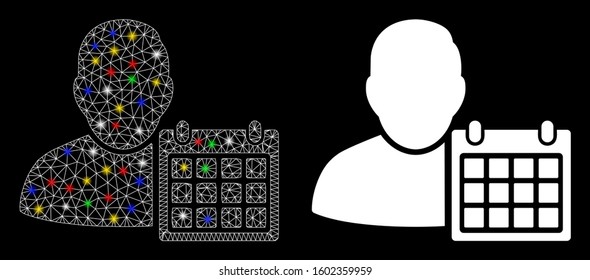Glowing mesh user schedule calendar icon with glare effect. Abstract illuminated model of user schedule calendar. Shiny wire carcass triangular network user schedule calendar icon.