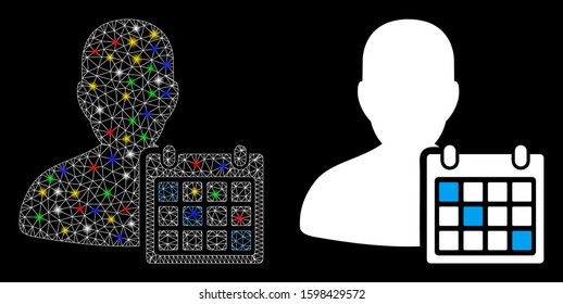 Glowing mesh user schedule icon with lightspot effect. Abstract illuminated model of user schedule. Shiny wire carcass triangular mesh user schedule icon. Vector abstraction on a black background.
