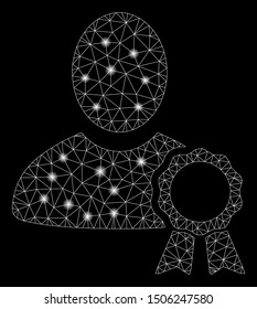 Glowing mesh user seal stamp with glow effect. Abstract illuminated model of user seal stamp icon. Shiny wire carcass polygonal mesh user seal stamp. Vector abstraction on a black background.