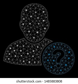 Glowing mesh user status with lightspot effect. Abstract illuminated model of user status icon. Shiny wire carcass triangular network user status. Vector abstraction on a black background.