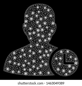 Glowing mesh user time with glare effect. Abstract illuminated model of user time icon. Shiny wire carcass triangular network user time. Vector abstraction on a black background.