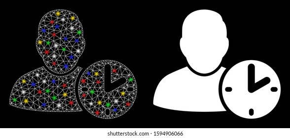 Glowing mesh user time icon with glare effect. Abstract illuminated model of user time. Shiny wire frame polygonal mesh user time icon. Vector abstraction on a black background.