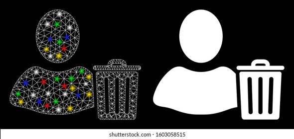 Glowing mesh user trash icon with glitter effect. Abstract illuminated model of user trash. Shiny wire frame polygonal mesh user trash icon. Vector abstraction on a black background.