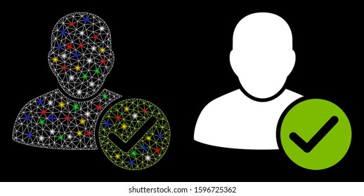 Glowing mesh user valid icon with glow effect. Abstract illuminated model of user valid. Shiny wire frame triangular mesh user valid icon. Vector abstraction on a black background.