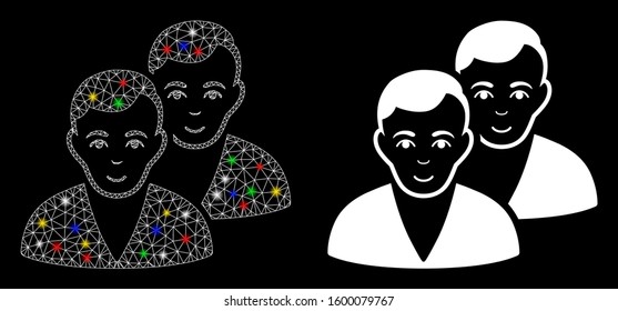Glowing mesh users icon with sparkle effect. Abstract illuminated model of users. Shiny wire frame triangular mesh users icon. Vector abstraction on a black background.