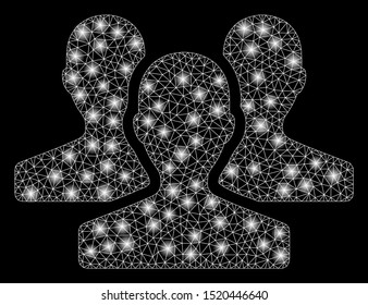 Glowing mesh users with sparkle effect. Abstract illuminated model of users icon. Shiny wire carcass polygonal network users. Vector abstraction on a black background.