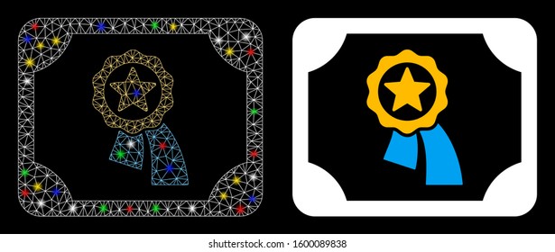 Glowing mesh valid diploma icon with glitter effect. Abstract illuminated model of valid diploma. Shiny wire frame triangular mesh valid diploma icon. Vector abstraction on a black background.